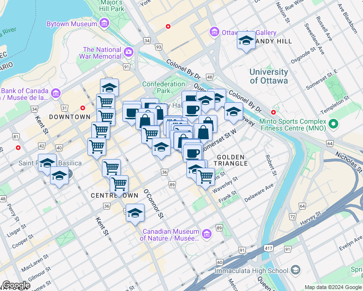 map of restaurants, bars, coffee shops, grocery stores, and more near 201 Cooper Street in Ottawa