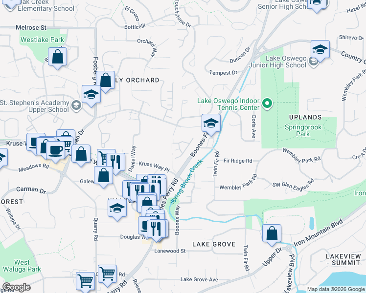 map of restaurants, bars, coffee shops, grocery stores, and more near 15000 Davis Lane in Lake Oswego
