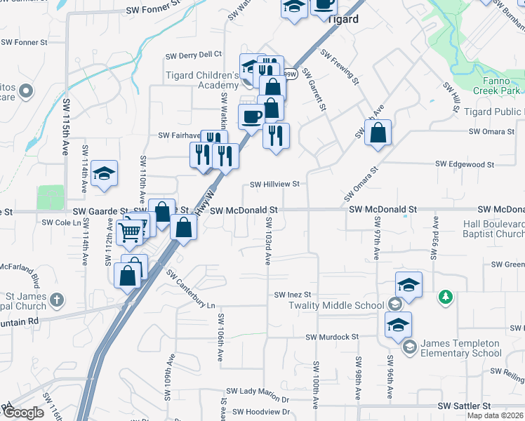map of restaurants, bars, coffee shops, grocery stores, and more near 10450 Southwest McDonald Street in Tigard