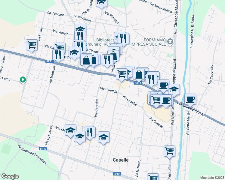 map of restaurants, bars, coffee shops, grocery stores, and more near 20 Via Grazia Deledda in Caselle