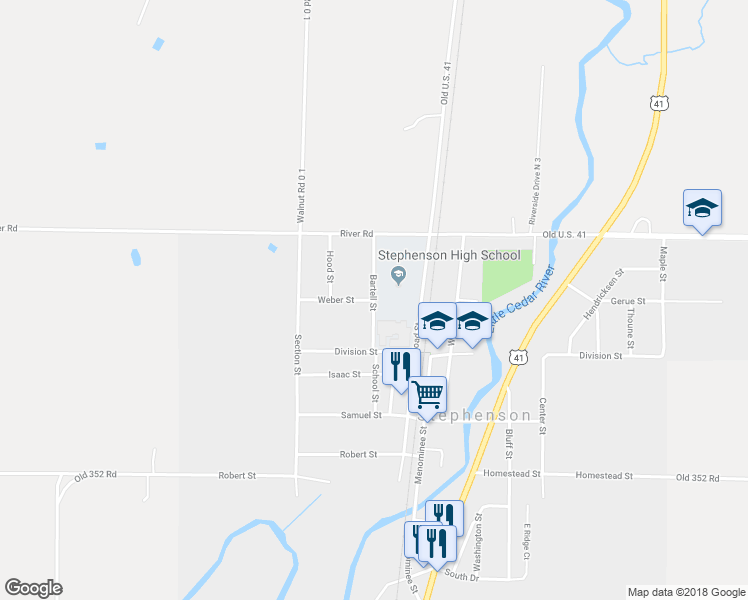 map of restaurants, bars, coffee shops, grocery stores, and more near Bartell Street in Stephenson