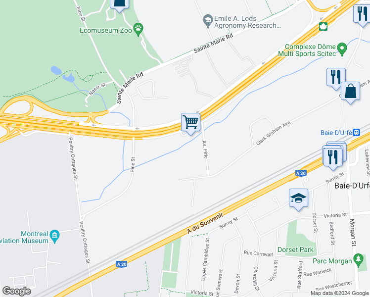 map of restaurants, bars, coffee shops, grocery stores, and more near 22200 Trans-Canada Highway in Baie-D'Urfe