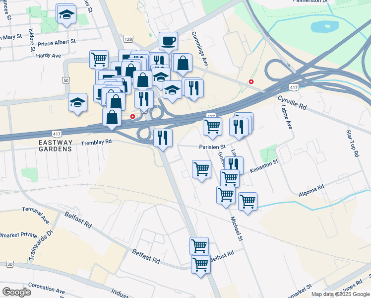 map of restaurants, bars, coffee shops, grocery stores, and more near 1040 Parisien Street in Ottawa