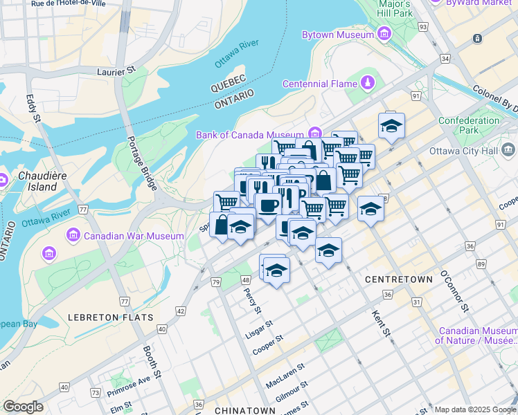 map of restaurants, bars, coffee shops, grocery stores, and more near 361 Queen Street in Ottawa