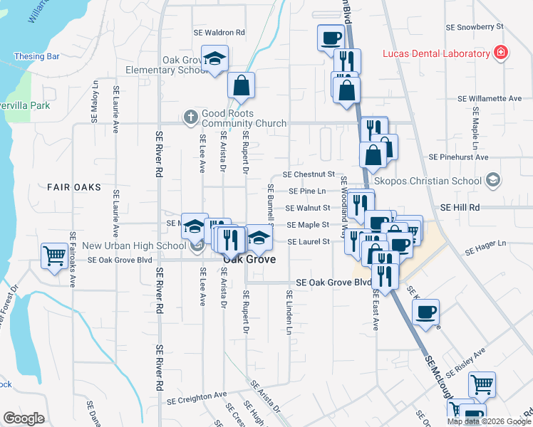 map of restaurants, bars, coffee shops, grocery stores, and more near 14414 Southeast Bunnell Street in Milwaukie