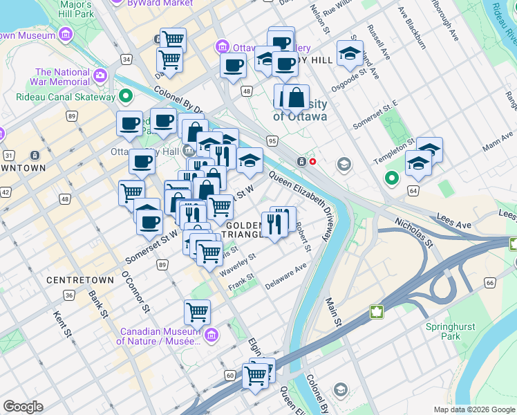 map of restaurants, bars, coffee shops, grocery stores, and more near 52 MacLaren Street in Ottawa