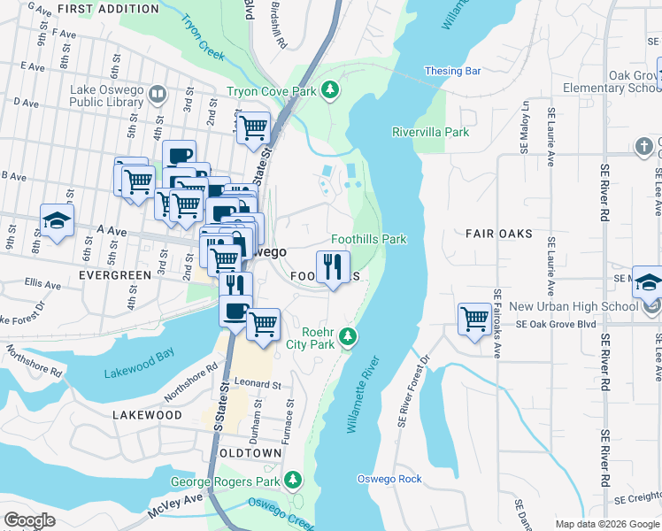 map of restaurants, bars, coffee shops, grocery stores, and more near 5053 Foothills Drive in Lake Oswego