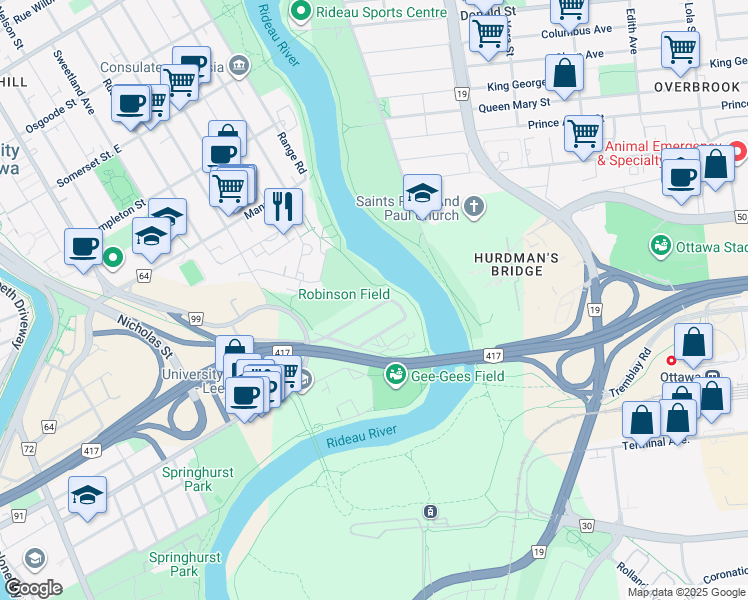 map of restaurants, bars, coffee shops, grocery stores, and more near 37 Robinson Avenue in Ottawa