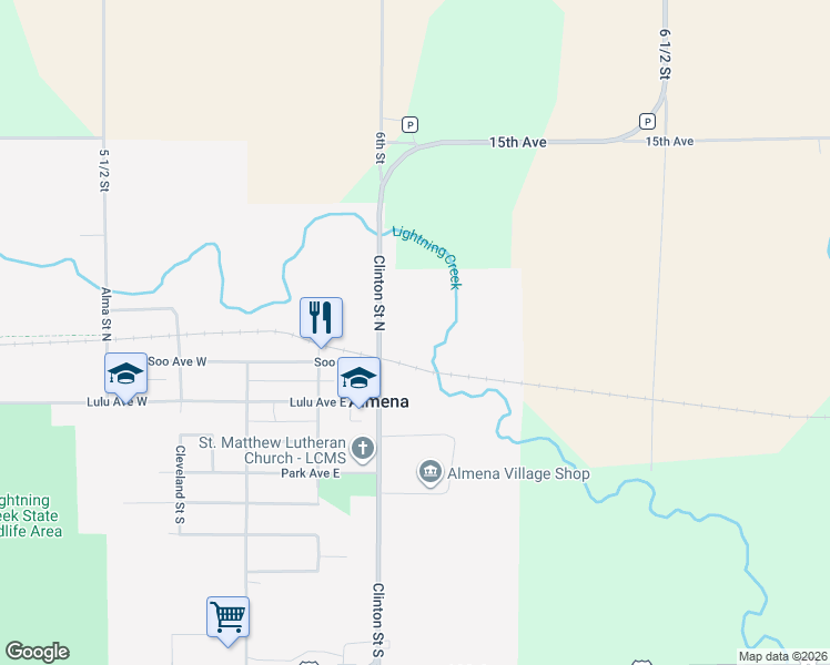 map of restaurants, bars, coffee shops, grocery stores, and more near 116 Clinton St N in Almena