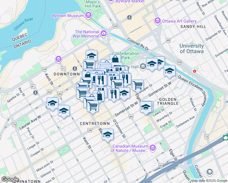 map of restaurants, bars, coffee shops, grocery stores, and more near 8 Nepean Street in Ottawa