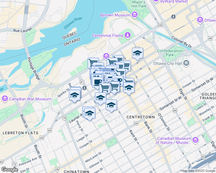 map of restaurants, bars, coffee shops, grocery stores, and more near 275 Slater Street in Ottawa