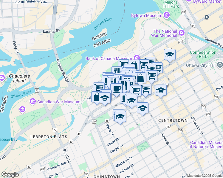 map of restaurants, bars, coffee shops, grocery stores, and more near 101 Lyon Street North in Ottawa