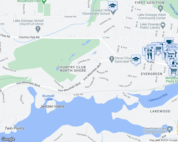 map of restaurants, bars, coffee shops, grocery stores, and more near 242 Iron Mountain Boulevard in Lake Oswego