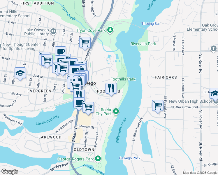 map of restaurants, bars, coffee shops, grocery stores, and more near 5051 Oswego Pointe Drive in Lake Oswego