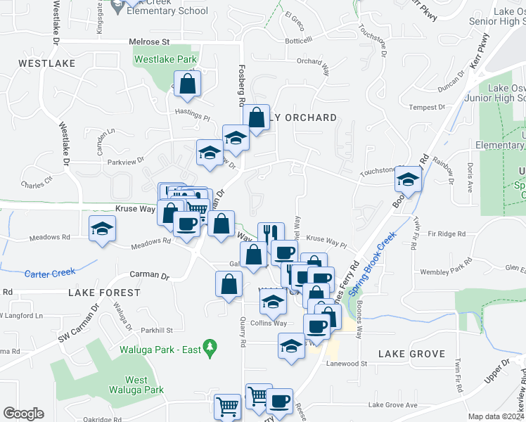 map of restaurants, bars, coffee shops, grocery stores, and more near 4101 Kruse Way in Lake Oswego