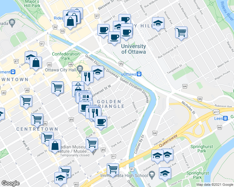 map of restaurants, bars, coffee shops, grocery stores, and more near in Ottawa