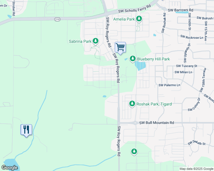 map of restaurants, bars, coffee shops, grocery stores, and more near 14089 Southwest Roy Rogers Road in Sherwood