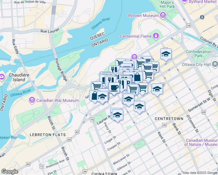 map of restaurants, bars, coffee shops, grocery stores, and more near 350 Sparks Street in Ottawa