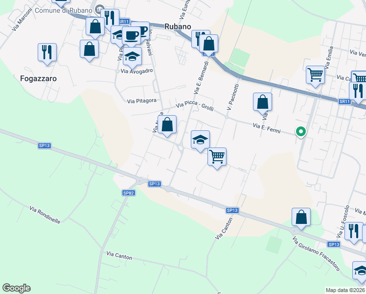 map of restaurants, bars, coffee shops, grocery stores, and more near Viale Industria in Rubano