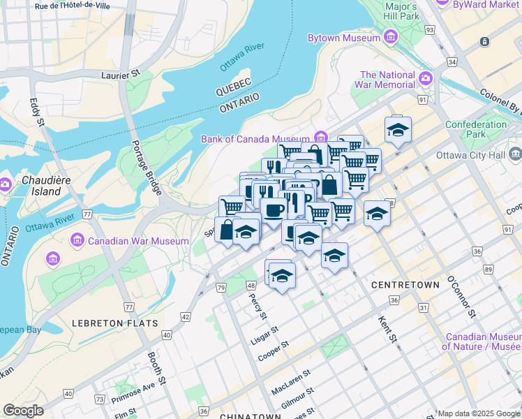 map of restaurants, bars, coffee shops, grocery stores, and more near 350 Sparks Street in Ottawa