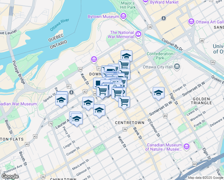 map of restaurants, bars, coffee shops, grocery stores, and more near 155 Bank Street in Ottawa