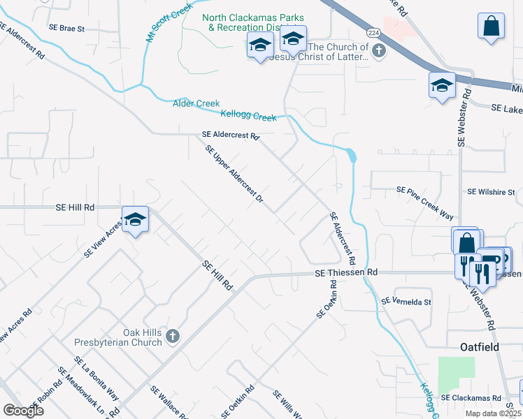 map of restaurants, bars, coffee shops, grocery stores, and more near 14321 Southeast Upper Aldercrest Drive in Milwaukie