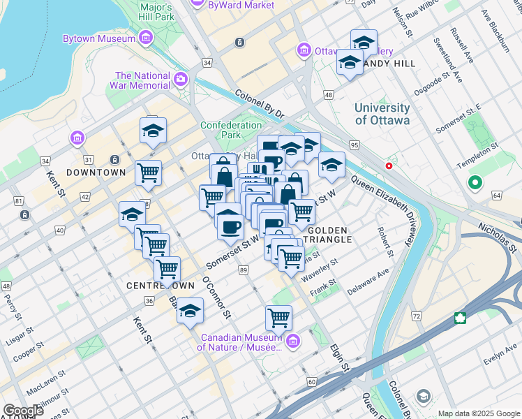 map of restaurants, bars, coffee shops, grocery stores, and more near 195 Cooper Street in Ottawa