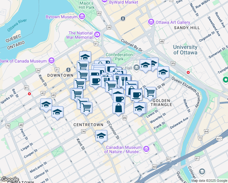 map of restaurants, bars, coffee shops, grocery stores, and more near 197 Lisgar Street in Ottawa
