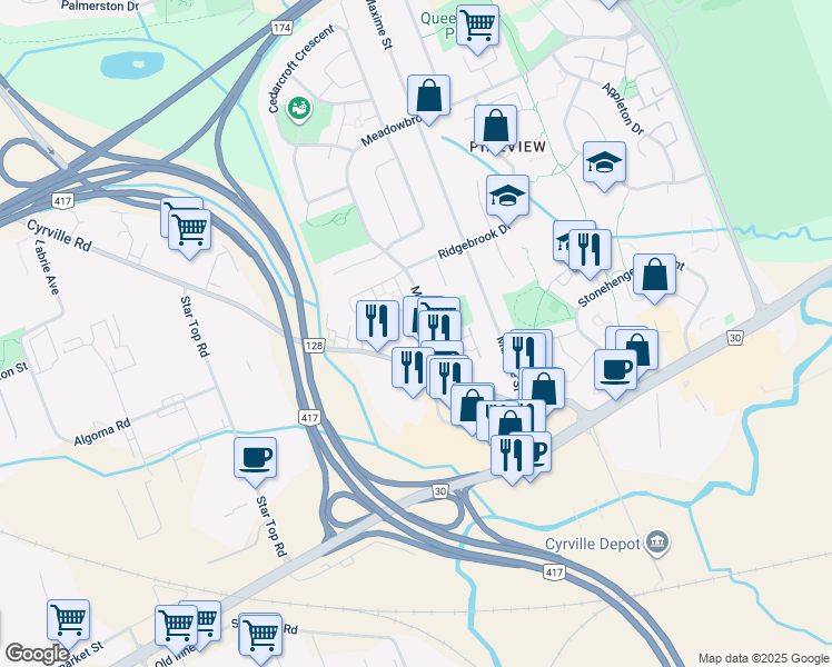 map of restaurants, bars, coffee shops, grocery stores, and more near 1780 Dondale Street in Ottawa