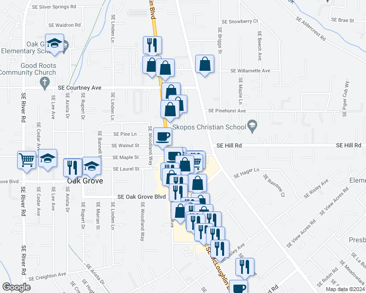 map of restaurants, bars, coffee shops, grocery stores, and more near 3032 Southeast Maple Street in Milwaukie
