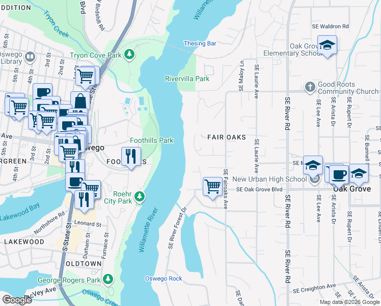 map of restaurants, bars, coffee shops, grocery stores, and more near 14335 Southeast Wagner Lane in Milwaukie