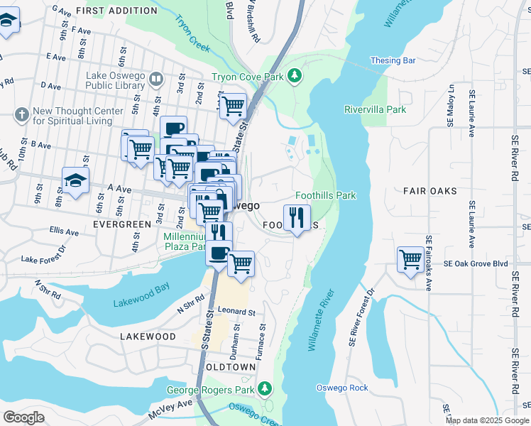 map of restaurants, bars, coffee shops, grocery stores, and more near 5019 Foothills Road in Lake Oswego