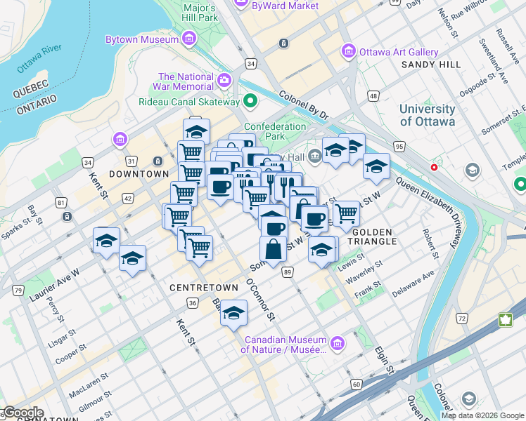 map of restaurants, bars, coffee shops, grocery stores, and more near 197 Lisgar Street in Ottawa