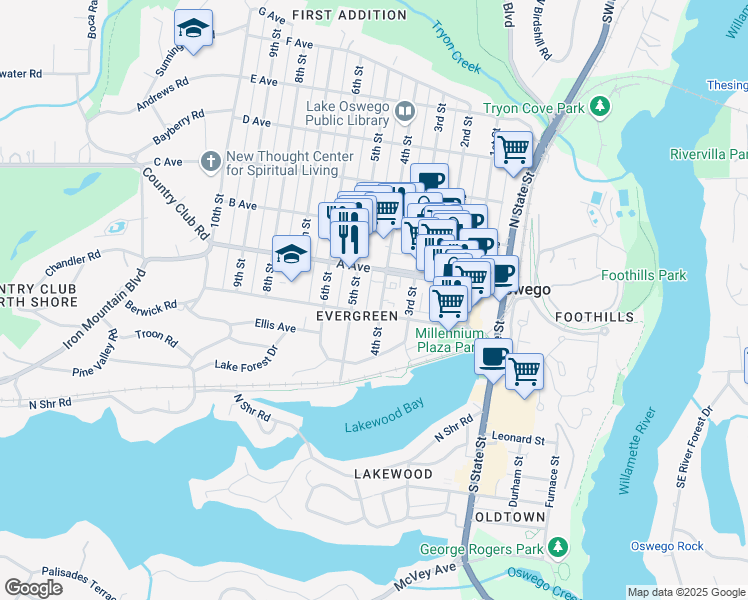 map of restaurants, bars, coffee shops, grocery stores, and more near 300 4th Street in Lake Oswego