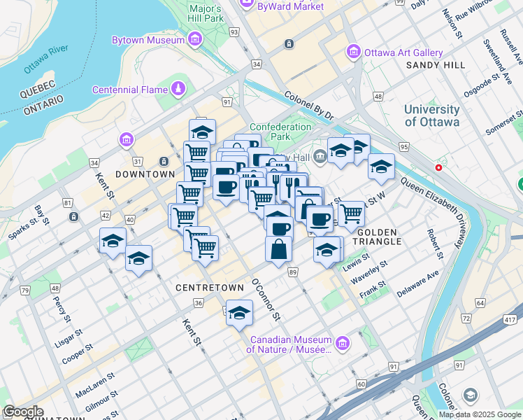 map of restaurants, bars, coffee shops, grocery stores, and more near 179 Metcalfe Street in Ottawa