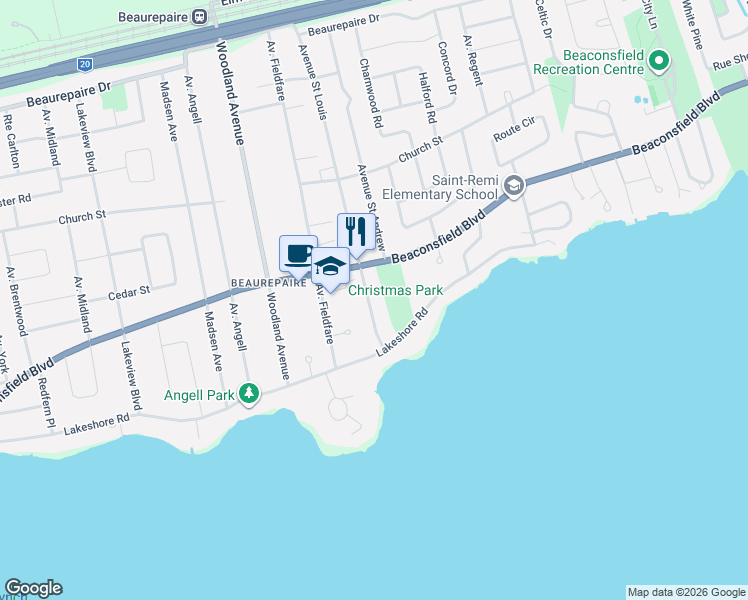 map of restaurants, bars, coffee shops, grocery stores, and more near 17 Avenue Saint Louis in Beaconsfield