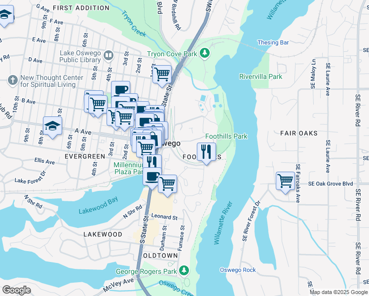 map of restaurants, bars, coffee shops, grocery stores, and more near 5019 Foothills Road in Lake Oswego