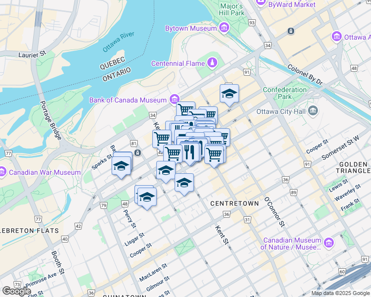 map of restaurants, bars, coffee shops, grocery stores, and more near 275 Slater Street in Ottawa