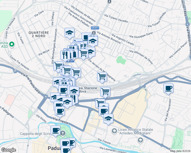 map of restaurants, bars, coffee shops, grocery stores, and more near Via Domenico Bonati in Padova