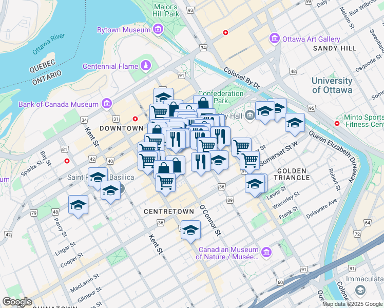 map of restaurants, bars, coffee shops, grocery stores, and more near 8 Nepean Street in Ottawa