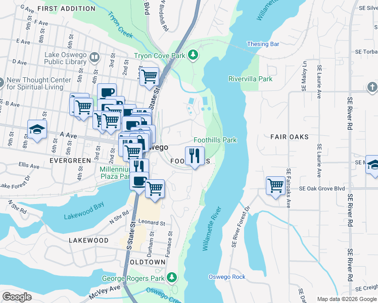 map of restaurants, bars, coffee shops, grocery stores, and more near 5052 Foothills Drive in Lake Oswego