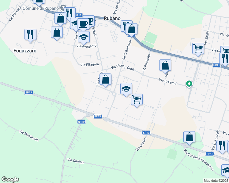 map of restaurants, bars, coffee shops, grocery stores, and more near Viale Industria in Rubano