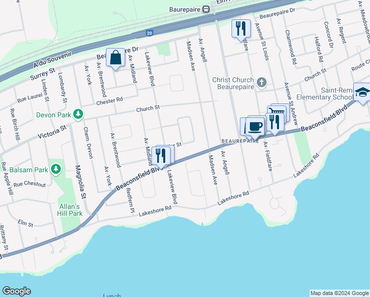map of restaurants, bars, coffee shops, grocery stores, and more near 536 Cedar Street in Beaconsfield