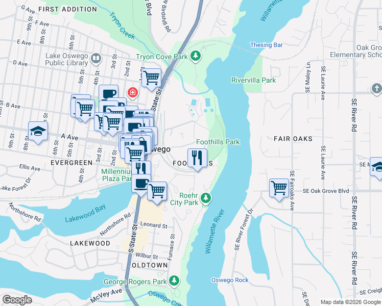 map of restaurants, bars, coffee shops, grocery stores, and more near 5051 Oswego Pointe Drive in Lake Oswego