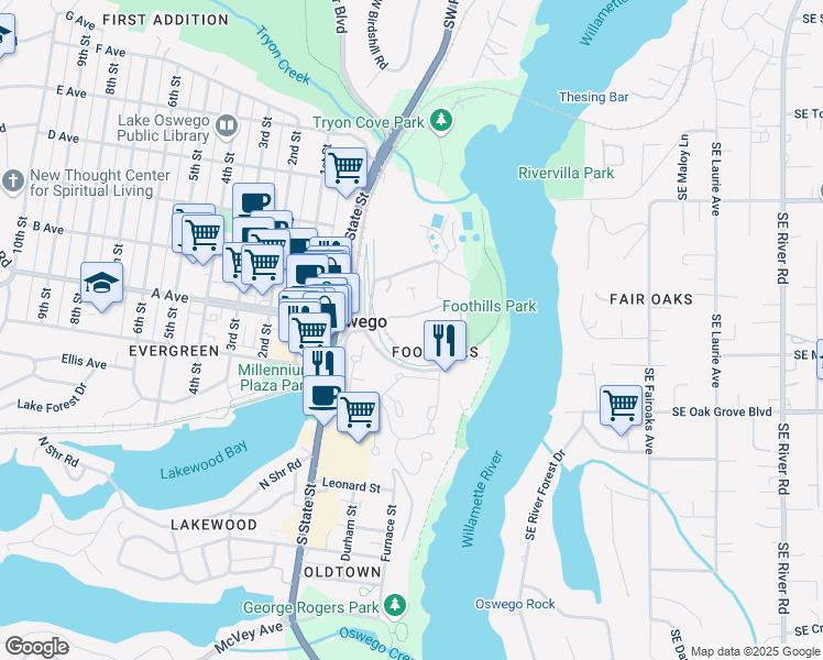 map of restaurants, bars, coffee shops, grocery stores, and more near 5051 Oswego Pointe Drive in Lake Oswego