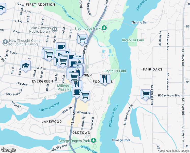 map of restaurants, bars, coffee shops, grocery stores, and more near 5019 Foothills Road in Lake Oswego