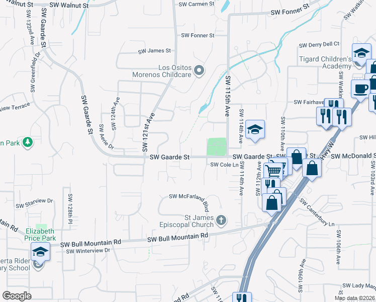 map of restaurants, bars, coffee shops, grocery stores, and more near 11760 Southwest Gaarde Street in Tigard