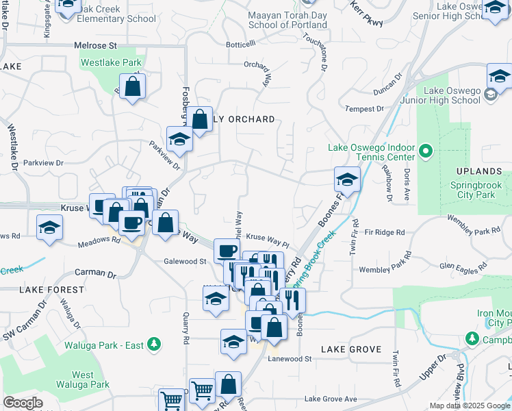 map of restaurants, bars, coffee shops, grocery stores, and more near 4000 Kruse Way Place in Lake Oswego