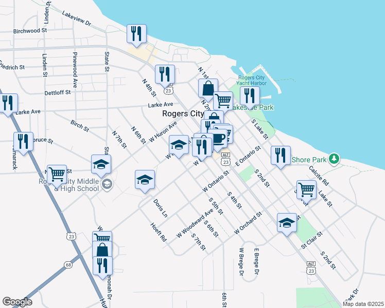 map of restaurants, bars, coffee shops, grocery stores, and more near 213 West Erie Street in Rogers City