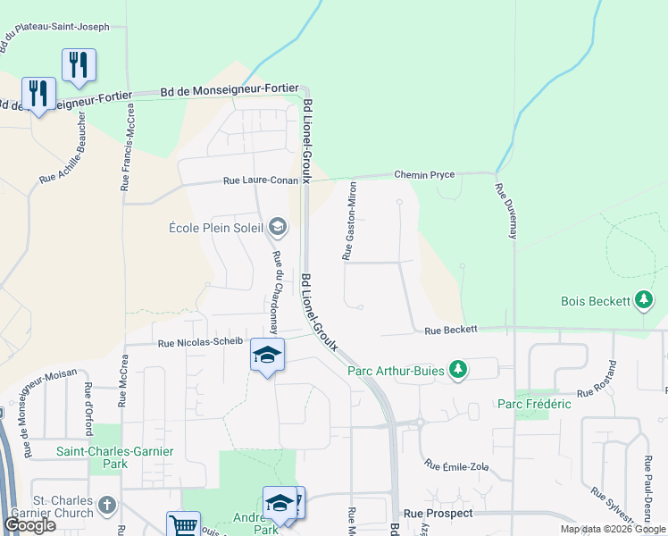 map of restaurants, bars, coffee shops, grocery stores, and more near 1345 Rue Gaston-Miron in Sherbrooke